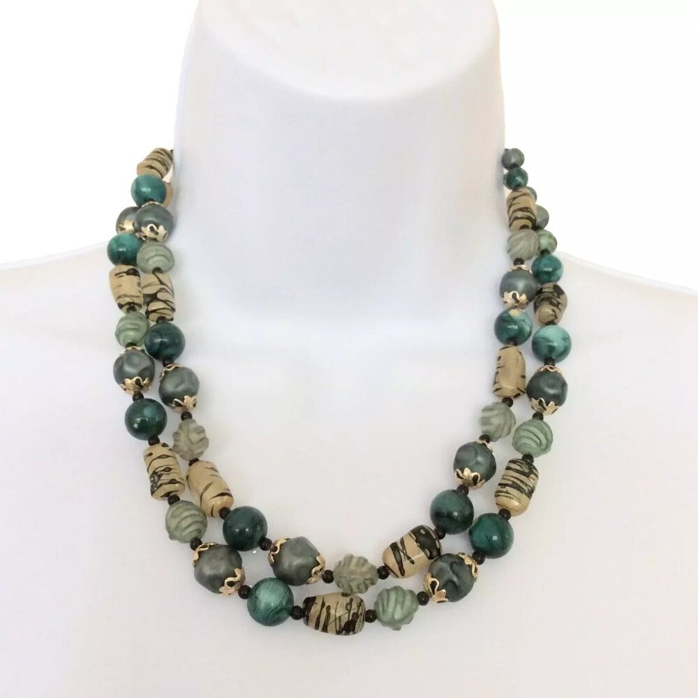 Double Strand Glass Beaded Necklace Blue Green